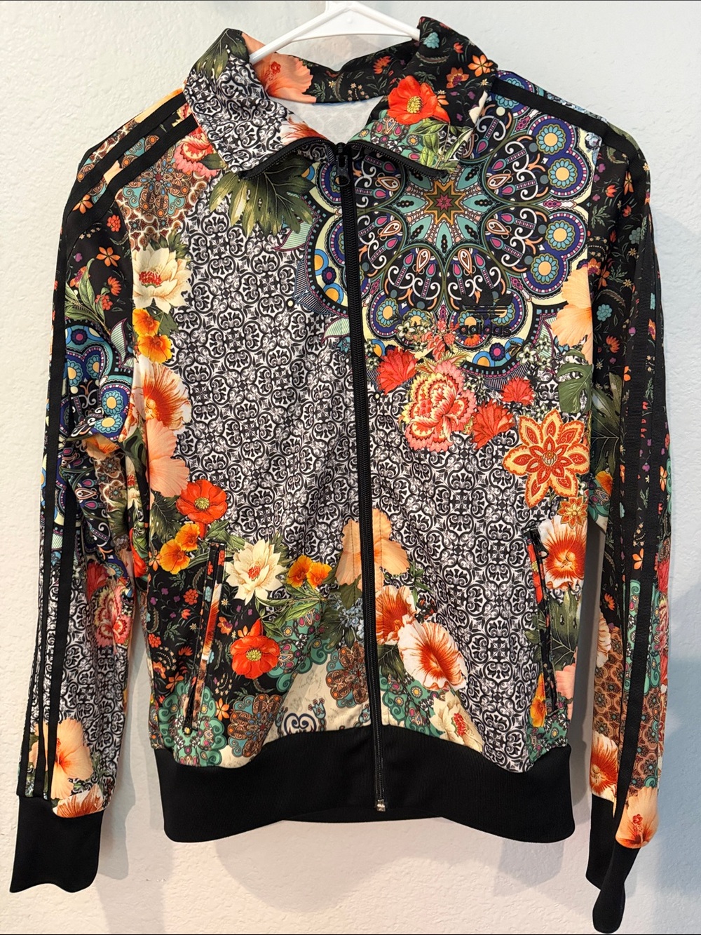 adidas/Farm “Jardim Aghartha” Floral Bomber Track Jacket in Black, Cream & Teal - Picture 2 of 6